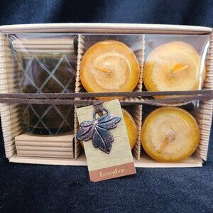 4 Votive Honeydew Candles with Smoky Glass Holder - Gift Boxed, NEW